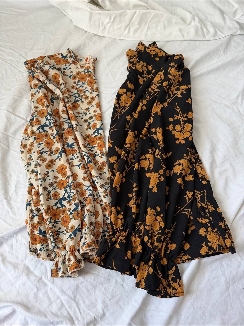 SHEIN Floral Ruffle-Hem Long-Sleeve blouses in Black and Cream